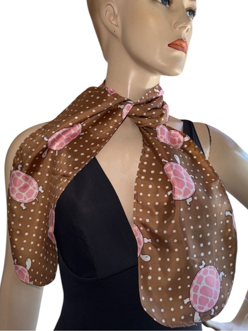 Vintage 70s Polka Dot Scarf with Pink Turtles